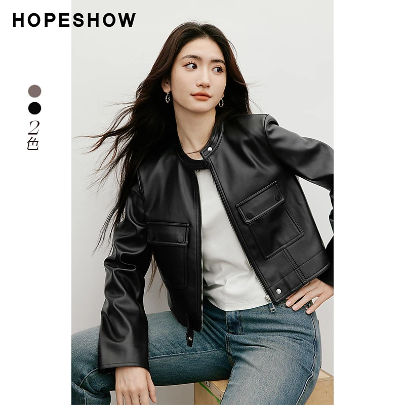 红袖2025秋新款女装 解构金属拉链正肩立领短款皮外套90125280405