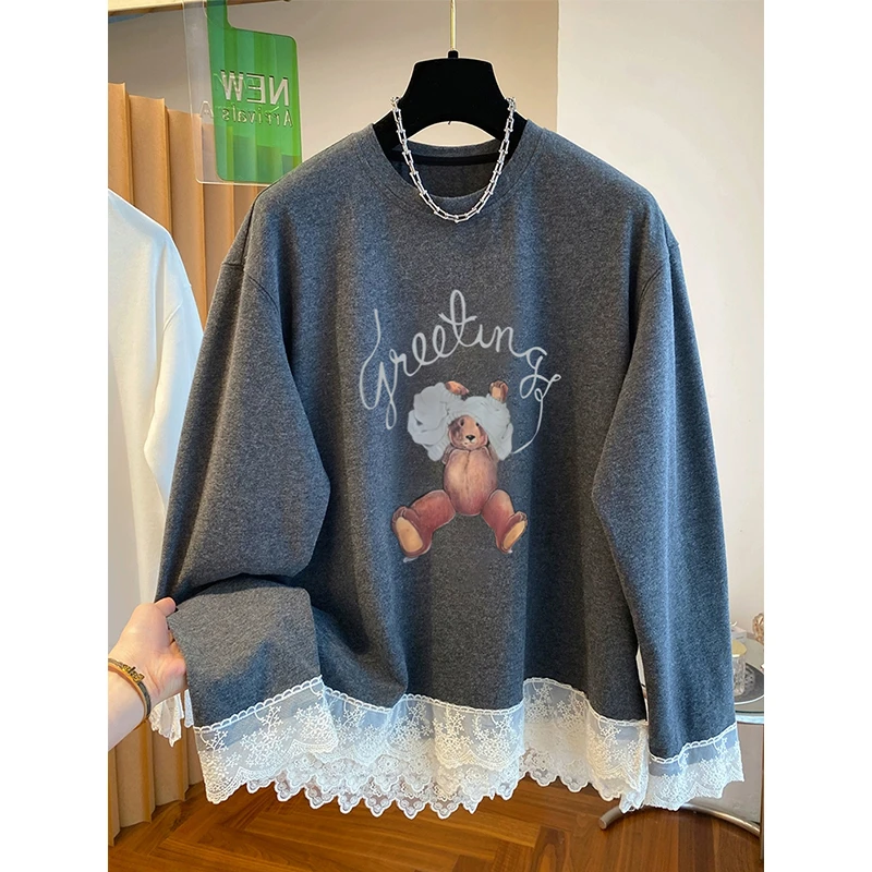 胖MM200斤大码卡通小熊拼接蕾丝磨毛长袖上衣女秋冬外穿T恤打底衫