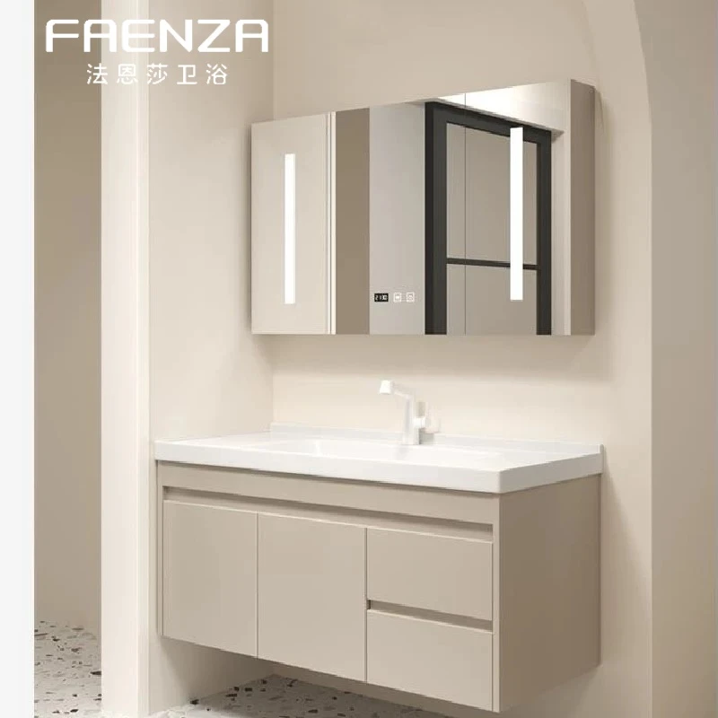 法恩莎浴室柜奶油一体陶瓷盆现代简约洗脸洗手盆柜洗漱台收纳镜柜