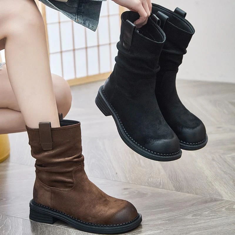 森系显瘦骑士靴2025新款春秋短筒女鞋平底烟筒靴复古高级感短靴子