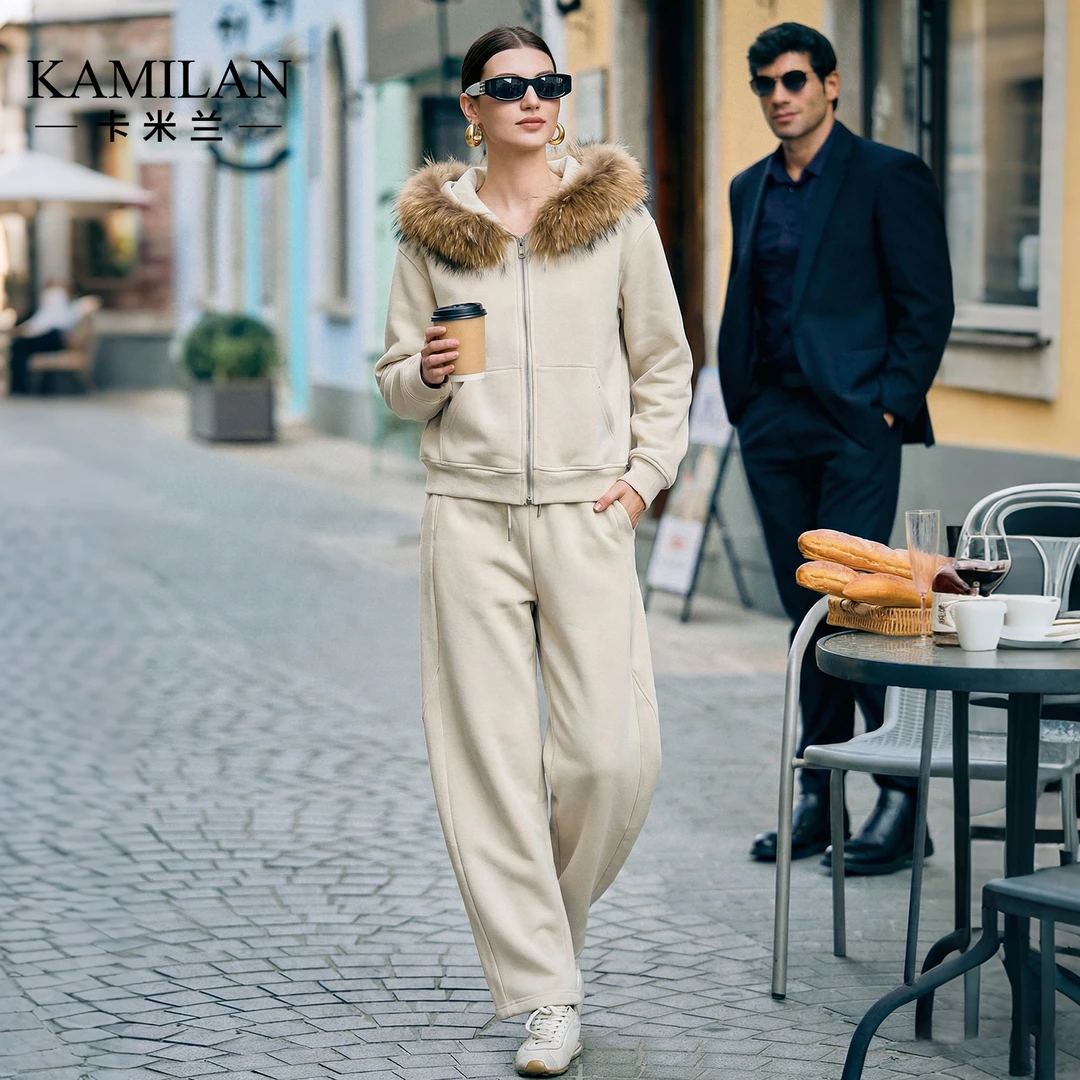 卡米兰休闲套装女2025秋冬新款貉子毛连帽外套+休闲裤两件套装