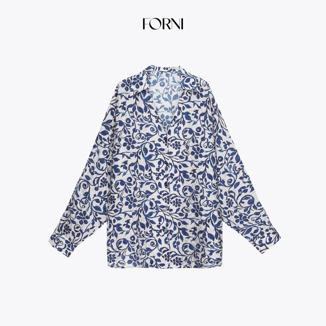 FORNI 青花衬衫 夏威夷度假风蓝色树叶碎花宽松长袖衬衫外套