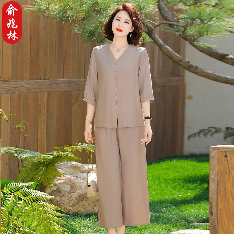 俞兆林中老年人女夏季显瘦套装中年妈妈气质休闲上衣阔腿裤两件套
