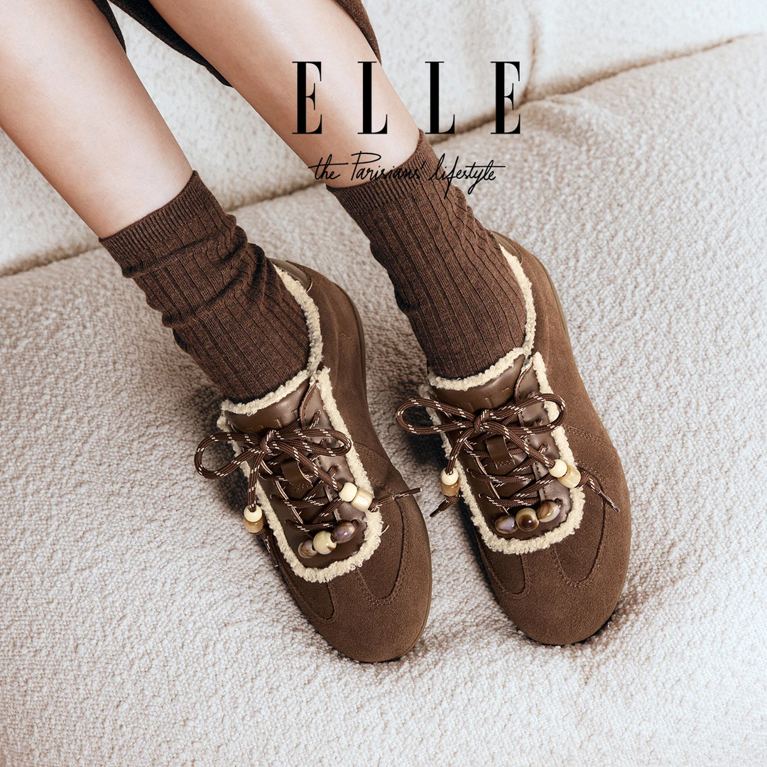 ELLE棕色平底德训鞋女2025新款冬季加绒内增高板鞋保暖复古休闲鞋