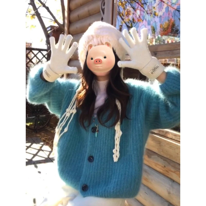 蓝色V领马海毛毛衣外套女秋冬季加厚保暖宽松慵懒风外搭针织开衫