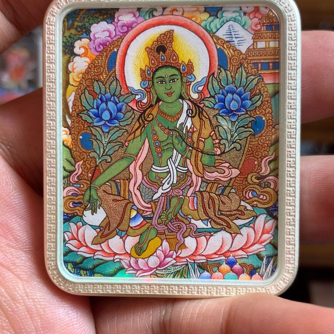 无非金属热贡手绘绿度母唐卡