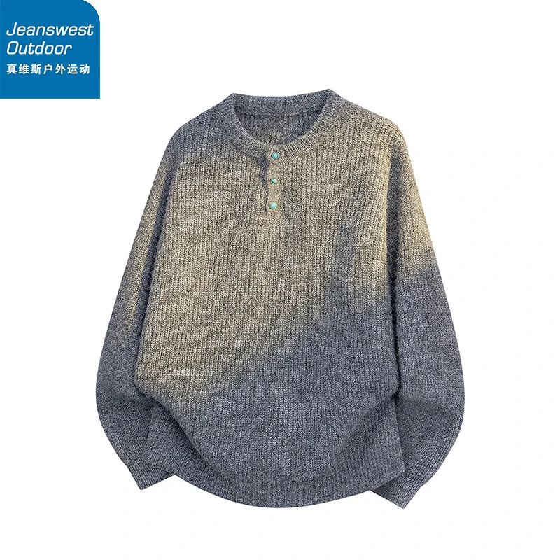 真维斯户外运动美式圆领纽扣毛衣秋季复古休闲宽松百搭长袖针织衫