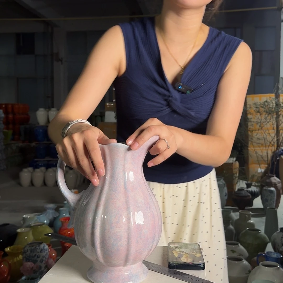 景德镇陶瓷花瓶紫粉单耳提梁壶高27口10