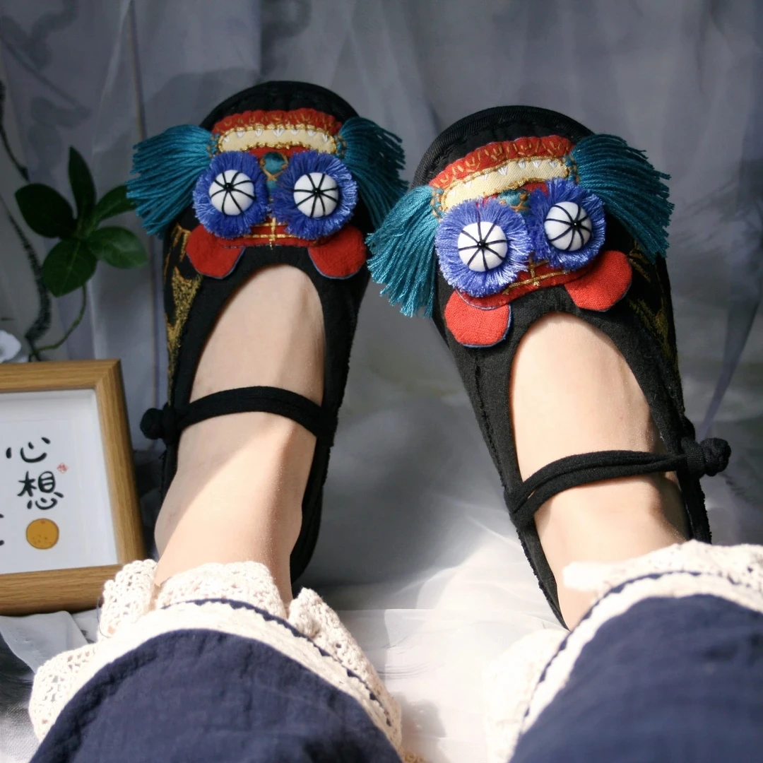 锦云坊 手绘威威虎手工刺绣千层底布鞋软底国风百搭单鞋平底养脚