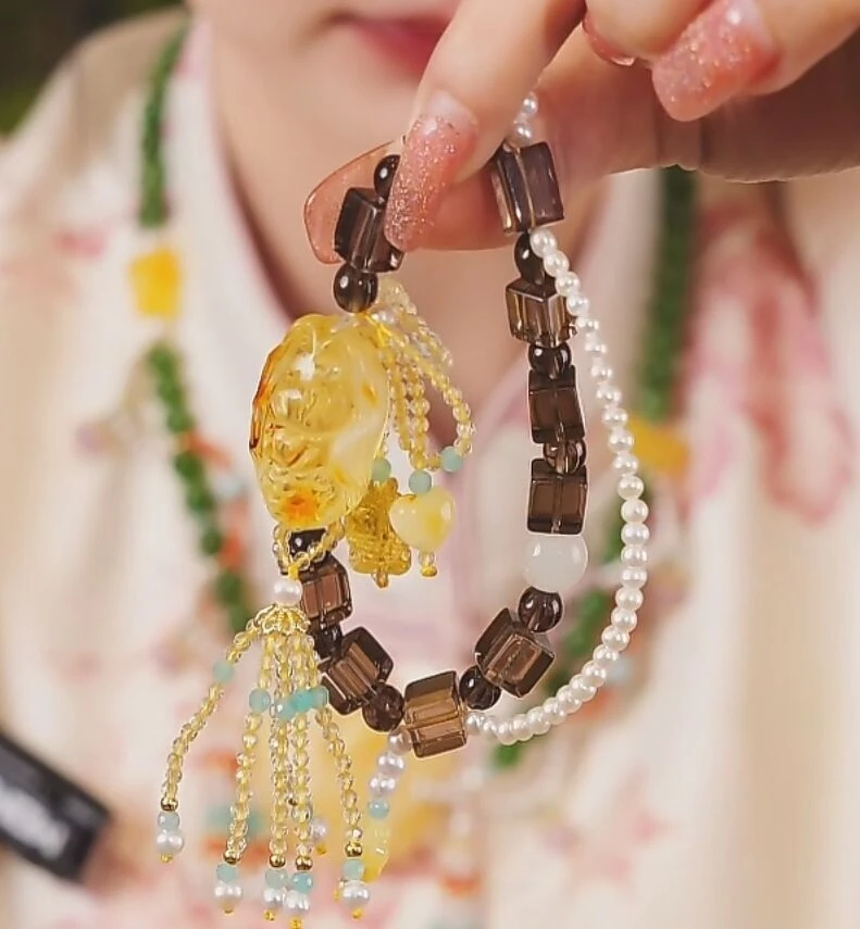 【宇涵珠宝】蜜蜡美人鱼DIY茶晶方糖手链-多样性发