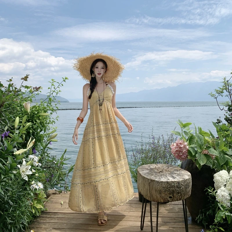 夏日气质裙子长款女裙原创设计优雅黄色花朵吊带连衣裙