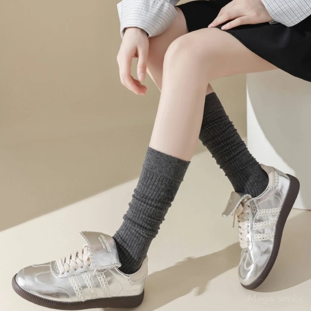 芭蕾风堆堆袜子女双针抽条小腿袜ins潮及膝袜简约纯色休闲长筒袜