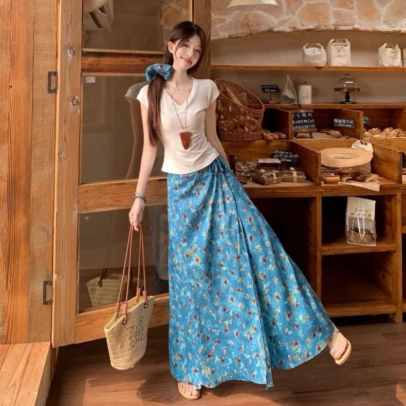 蓝色碎花油画系带半身裙女2025夏季新款半身裙女款爆款2025新款