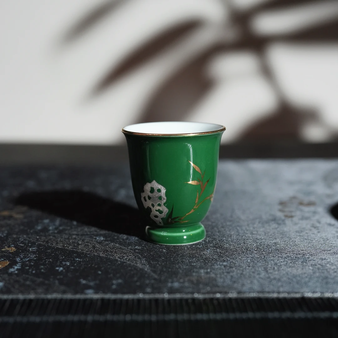 【阿霁x唐人祥】景德镇非遗颜色釉陶瓷黛绿错金银竹石闻香杯