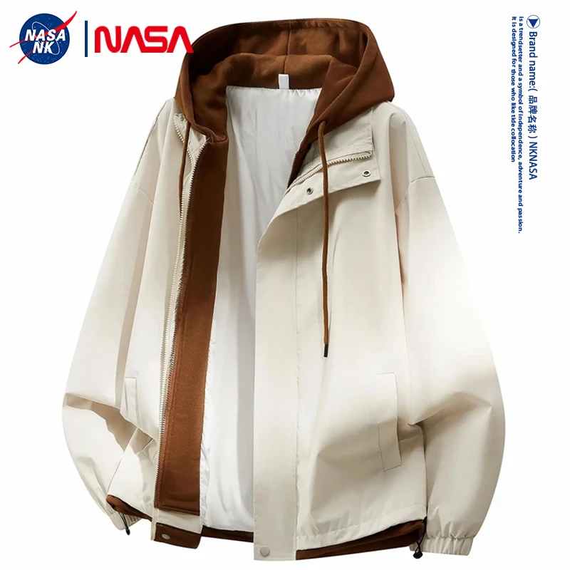 NASA联名情侣秋季学院风连帽夹克外套男女同款假两件飞行员上衣服