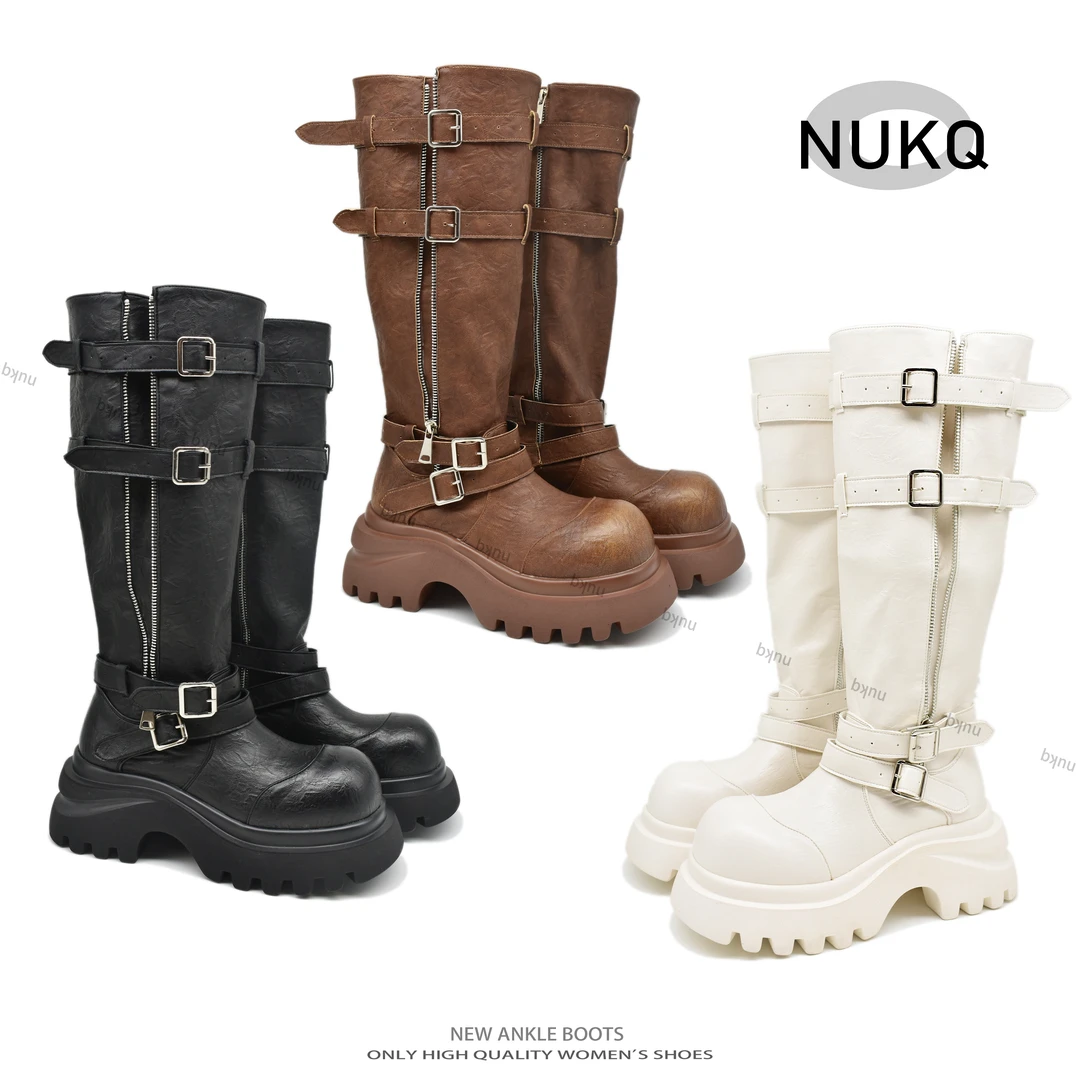 贴心【NUKQ】时装靴圆头秋冬高筒时尚复古系带厚底骑士靴