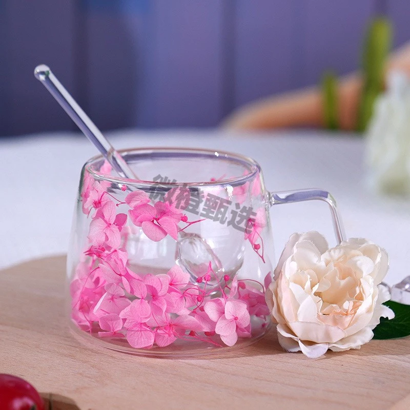 高颜值花朵双层高硼硅玻璃茶杯创意耐热耐冷真花玻璃咖啡杯喝水杯