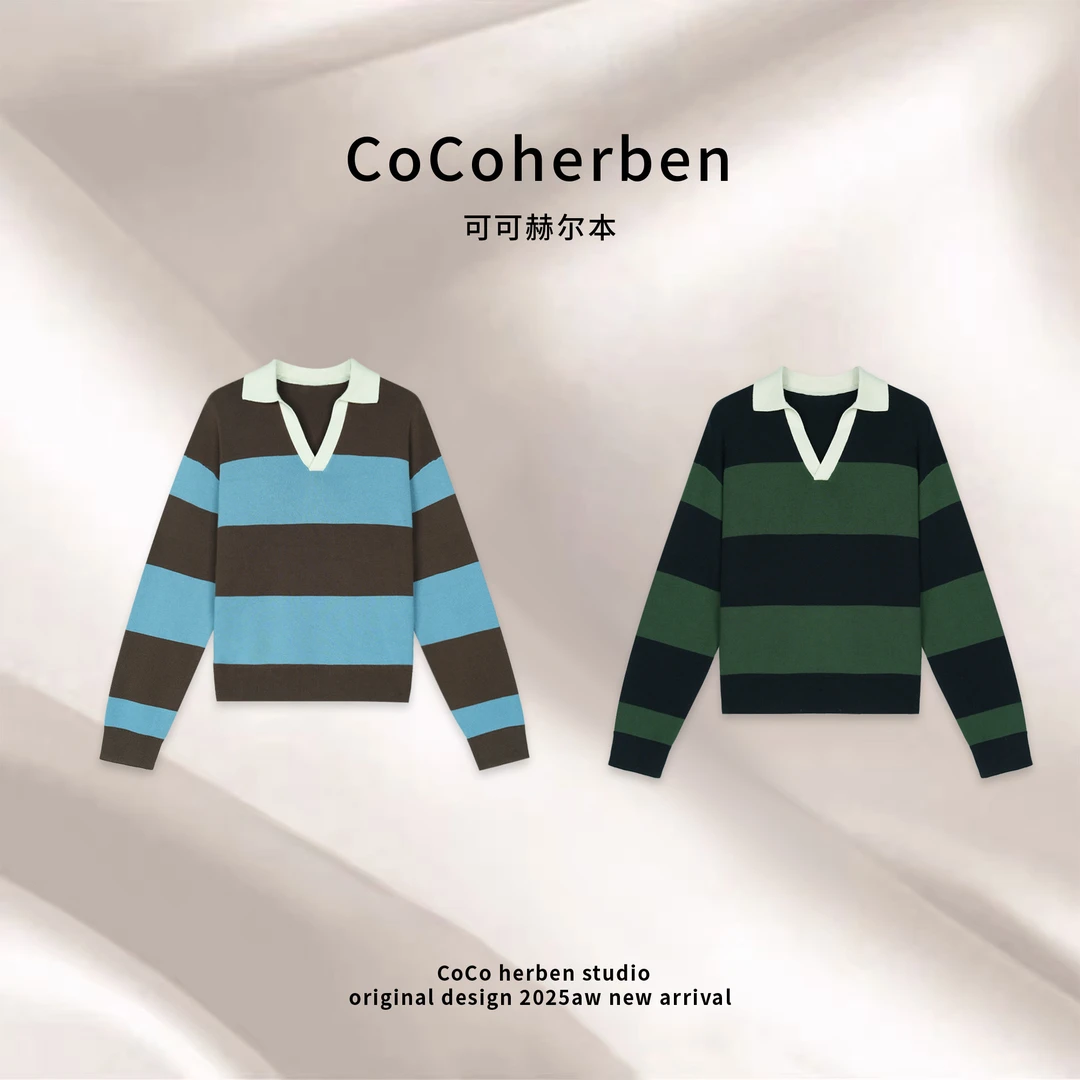 CocoHerben冬季新品复古学院风Polo领绿灰条纹女套衫HB1318