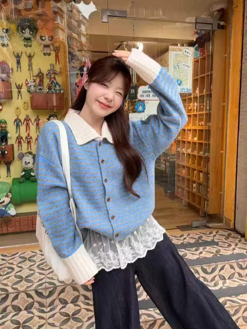 翻领针织条纹长袖女通勤毛针织衫慵懒风套头时尚减龄