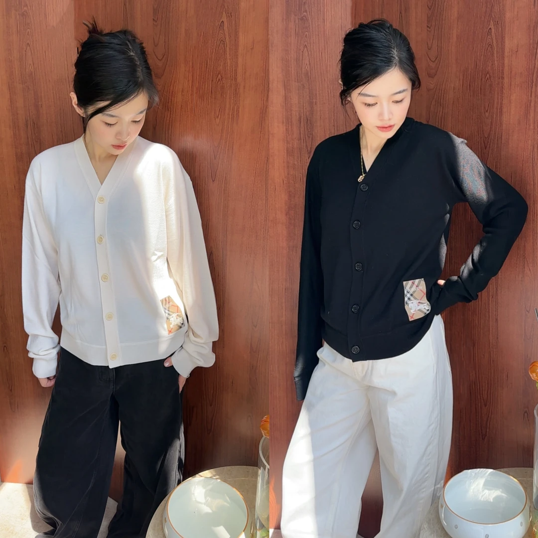 未使用 BURBERRY/博柏利 绵羊毛100毛衣 FW25 格纹单排扣长袖开衫