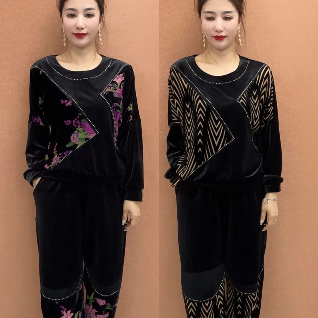 时尚洋气丝绒拼色两件套装