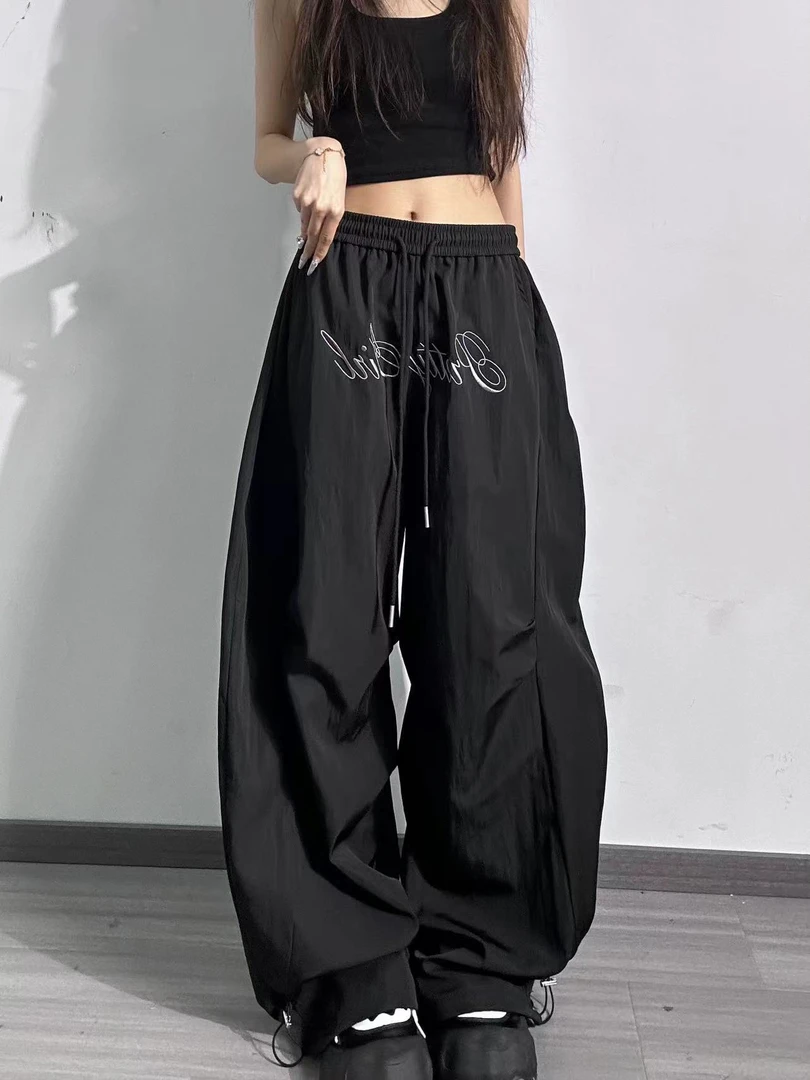 美式复古字母弯刀宽松显瘦休闲裤女新款洋气衣服女夏季凉快裤子
