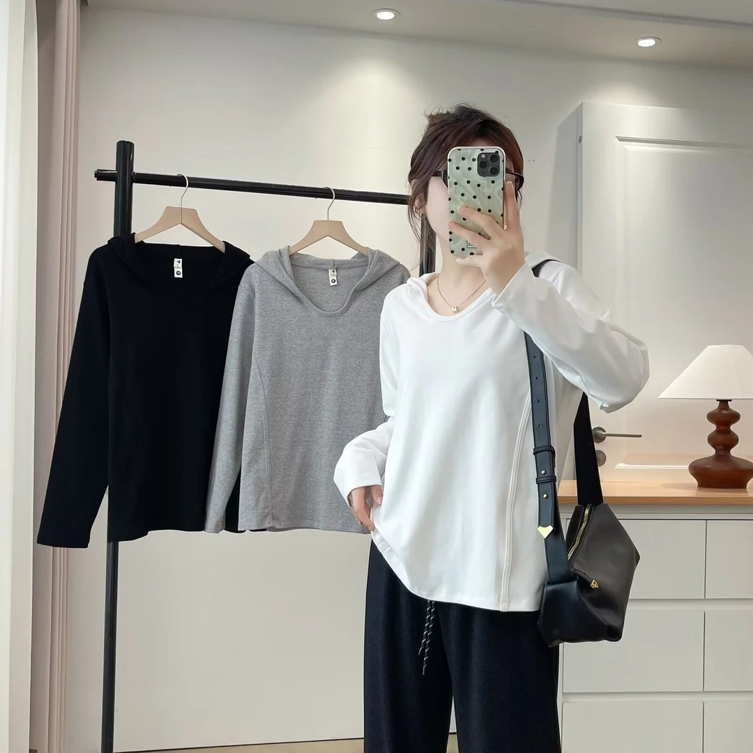 大码胖mm简约显瘦正肩连帽打底衫女早秋新款休闲减龄长袖T恤701