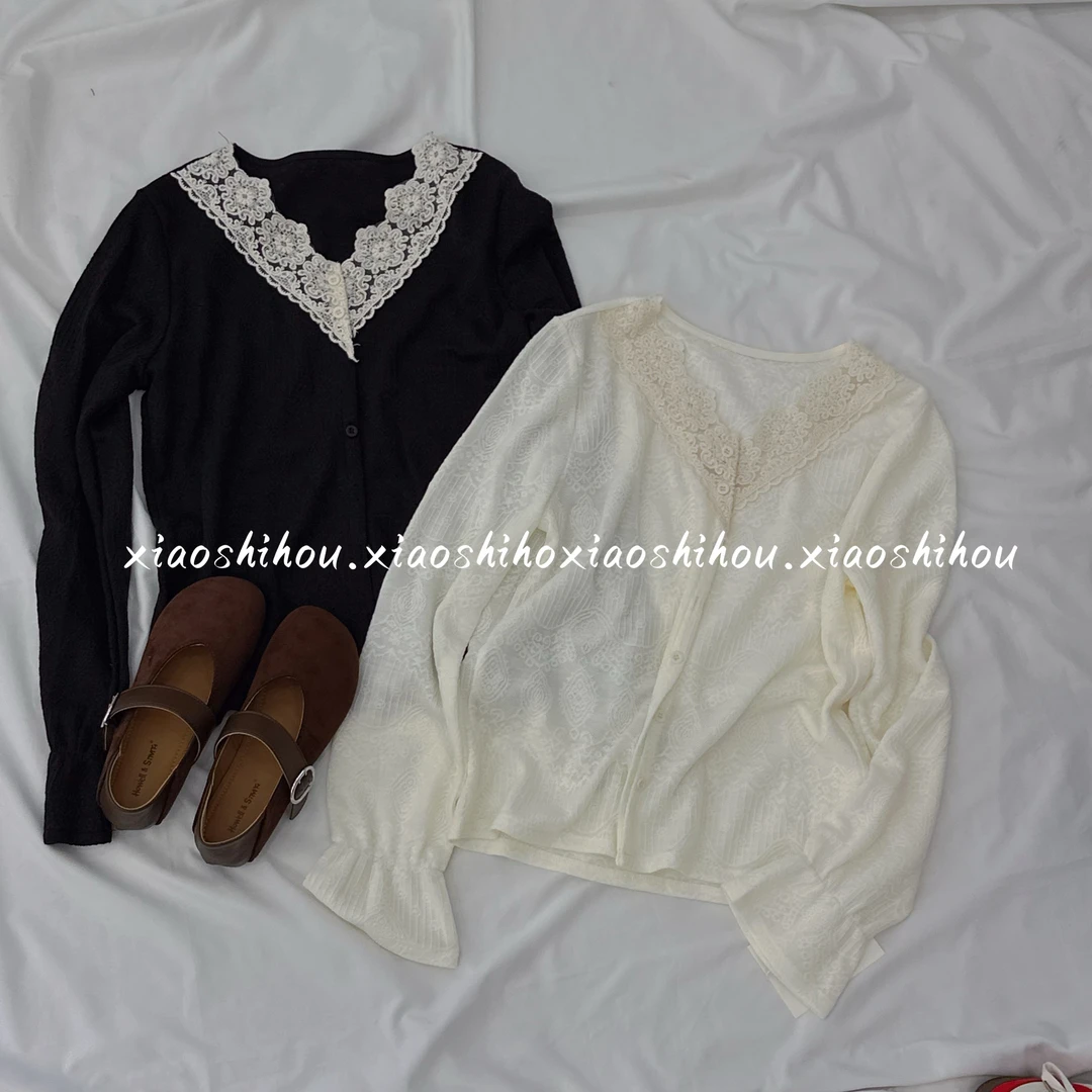 小时候女装店v领蕾丝花边领针织开衫8336