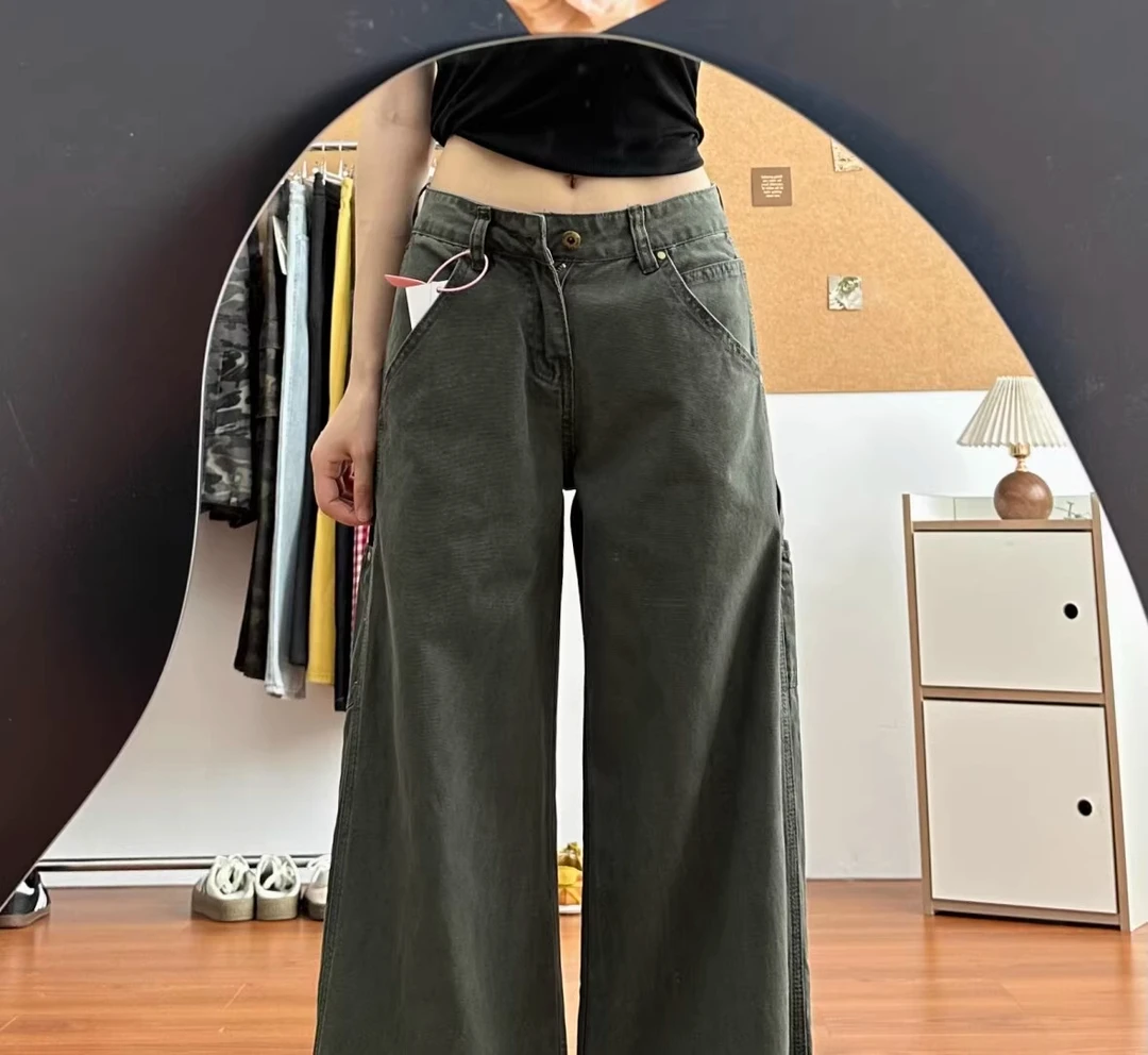 韩式辣妹伐木裤2025年秋季新款复古低腰伐木裤两色直筒宽松弯刀裤