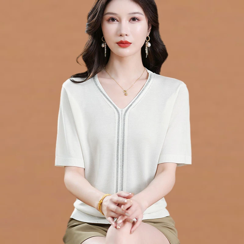 短袖t恤女2025新款夏季洋气妈妈装V领遮肚显瘦上衣薄款冰丝针织衫