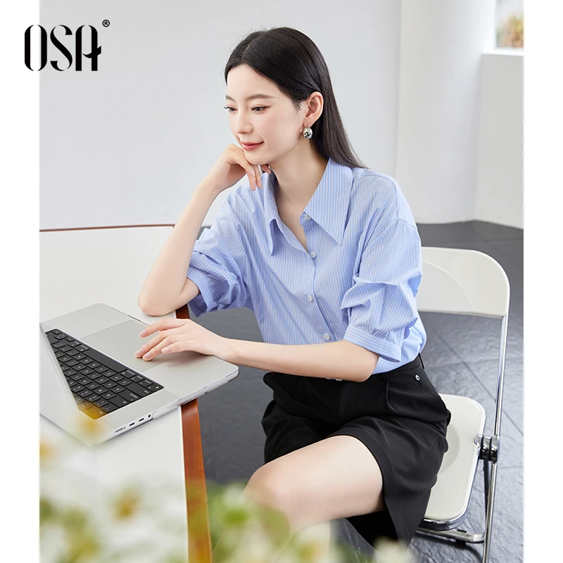 OSA/欧莎法式条纹衬衫女夏季慵懒宽松显瘦短袖衬衣上衣S125B12008