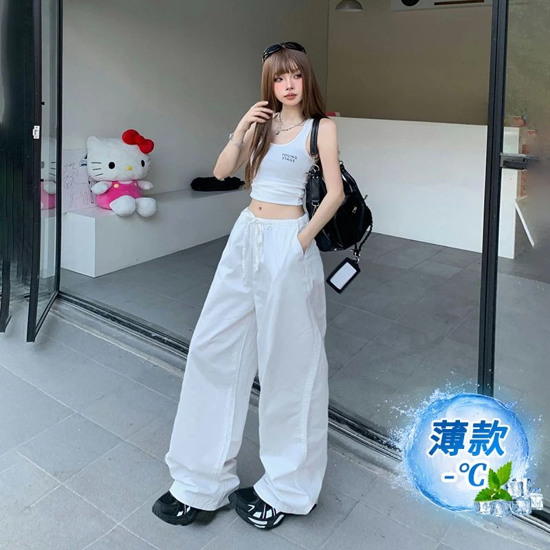 RJVO薄款休闲阔腿牛仔裤女新款宽松垂感抽绳时尚冰丝直筒裤子