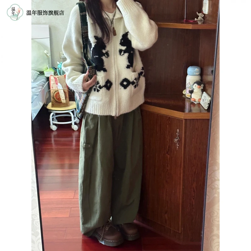 日系松鼠软糯拉链翻领长袖针织衫开衫慵懒风秋冬毛衣外套加厚上衣