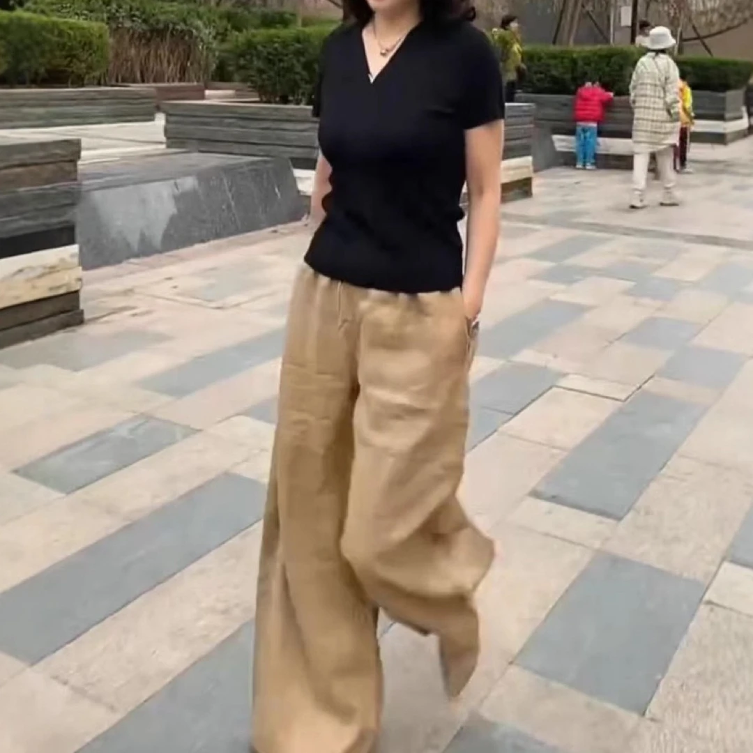 新款简约V领减龄短袖上衣休闲阔腿裤