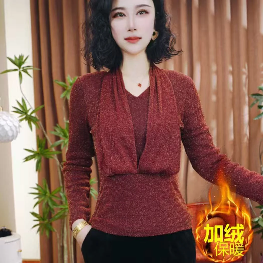 冬季新款加绒时尚气质小衫洋气百搭长袖加绒打底衫
