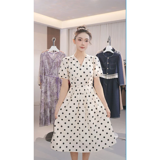 L8388  时尚波点2025年春夏新款法式新款中长款连衣裙高腰显瘦