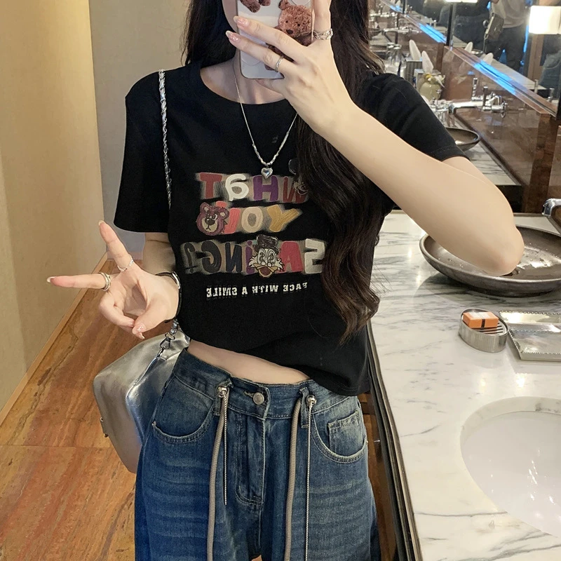 短袖t恤女夏季多巴胺穿搭宽松韩版设计感圆领潮牌美式复古上衣ins