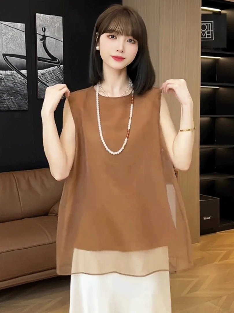 网纱拼接无袖衬衫女薄款轻奢高级感2025新款爆款小衫超火百搭上衣