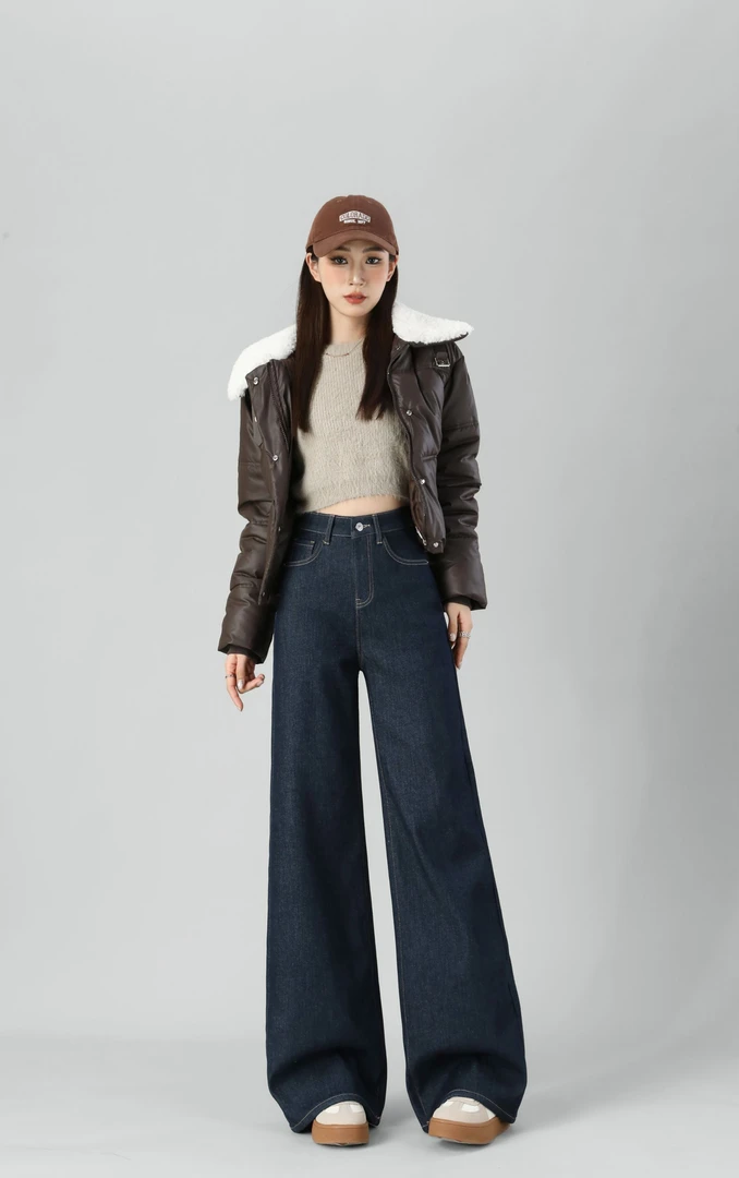 7003-秋冬季加绒-原生色女款高腰直筒拖地牛仔裤宽松时尚千金风