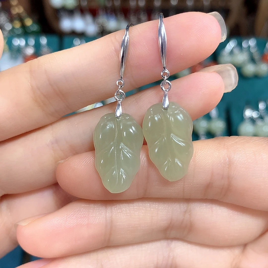 和田玉银S925镶嵌耳饰金枝玉叶19.5*12左右