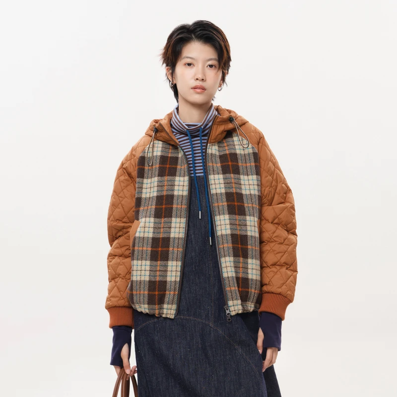 MOVEUP幻走2025冬季新款.FUN 连帽格纹复古短款毛呢外套3EWD60201