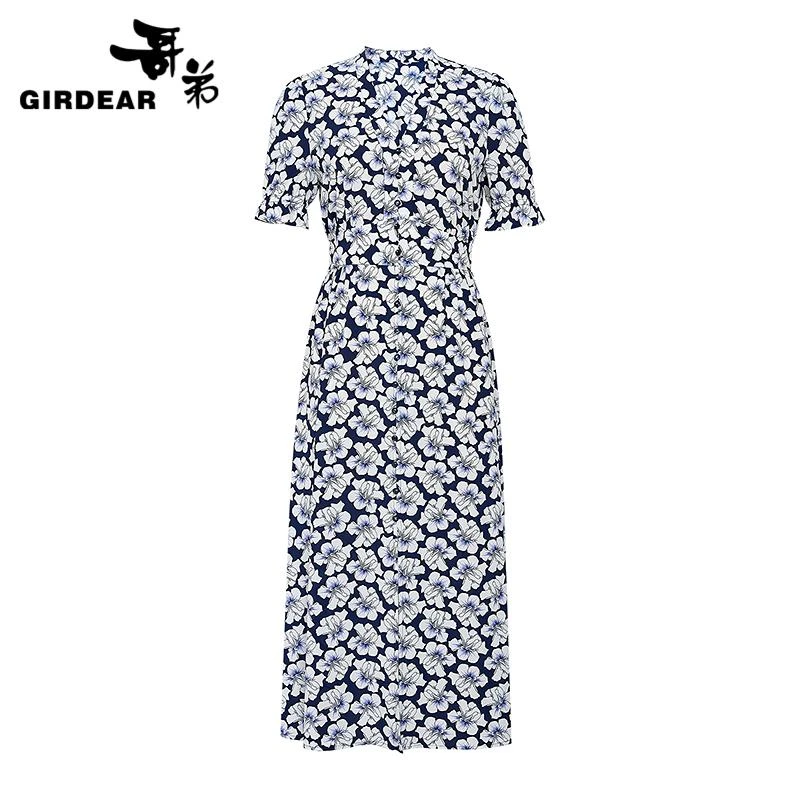 GIRDEAR/哥弟 夏季法式优雅复古收腰印花长款碎花连衣裙150026