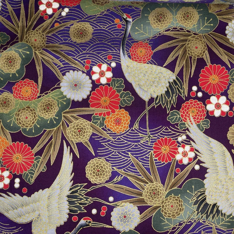 【国内现货】烫金和服 仙鹤繁花日本进口纯棉和风烫金面料半米