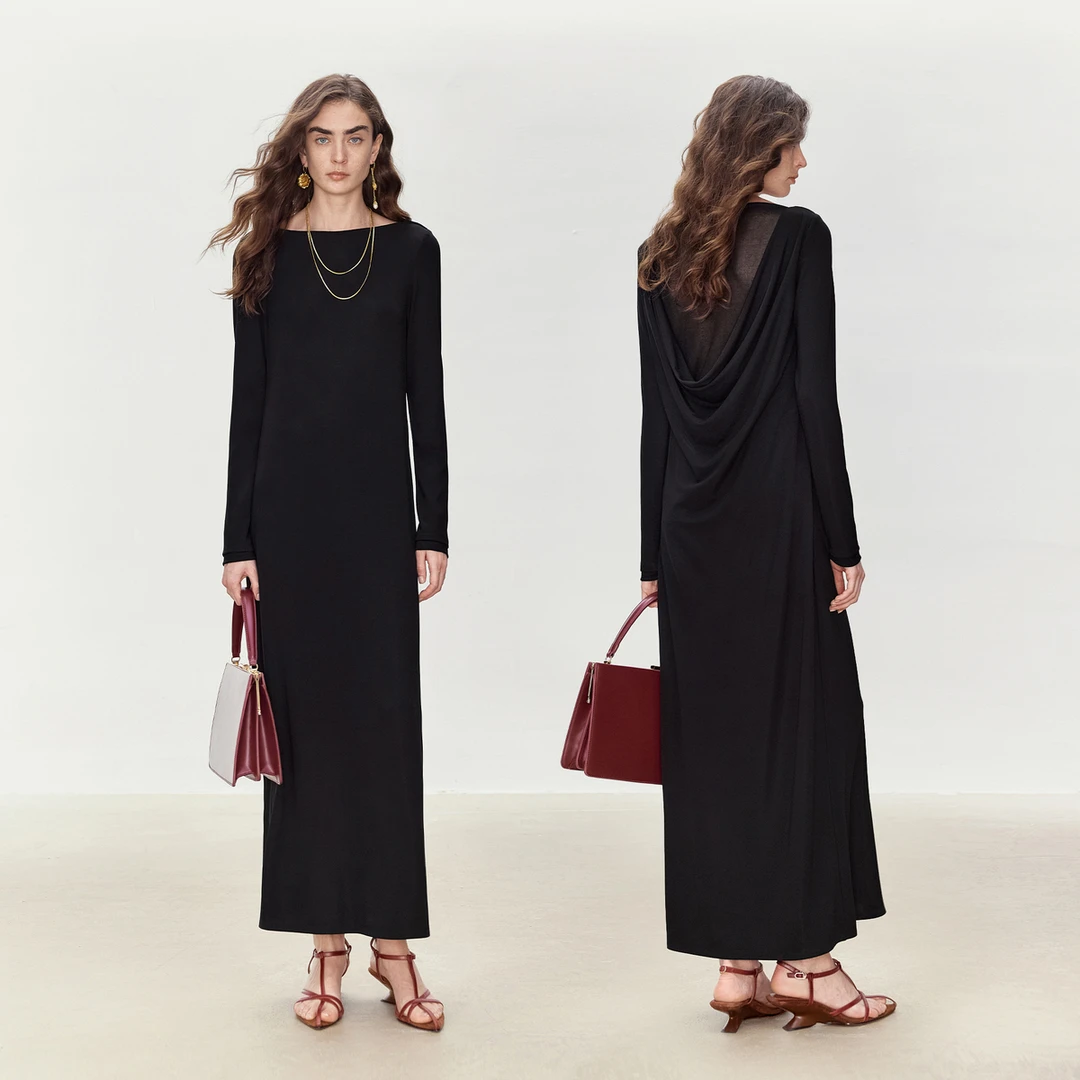 LYNEE 简约长袖拼接后开衩连衣裙女2025夏季新款设计感LGD2FSW229