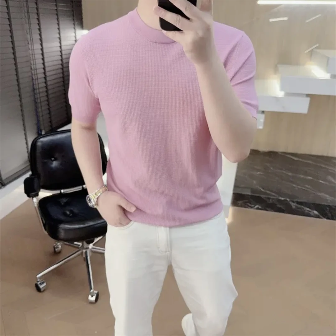 2025夏季新款轻奢欧货时尚帅气纯色冰丝简约薄款针织短袖T恤男