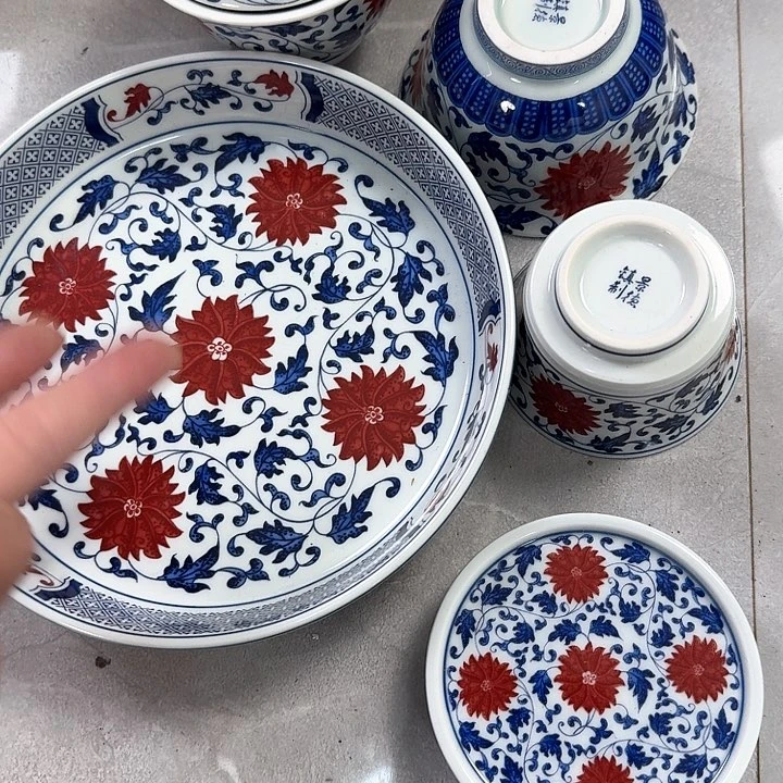 瓷片釉里红缠枝莲5件套景德镇