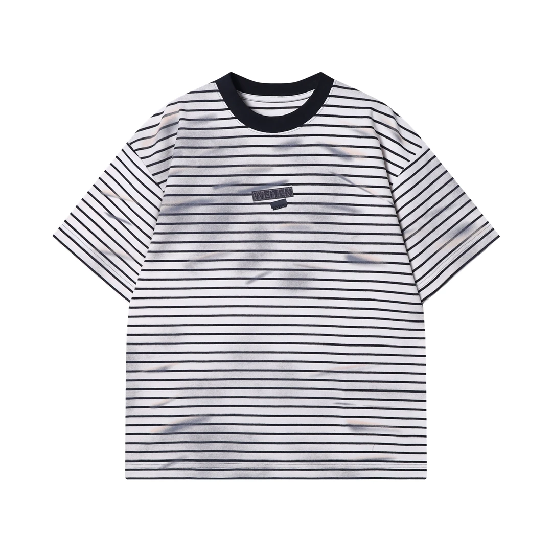 2025夏季新款个性条纹字母刺绣贴标圆领短袖T恤男士休闲百搭宽松