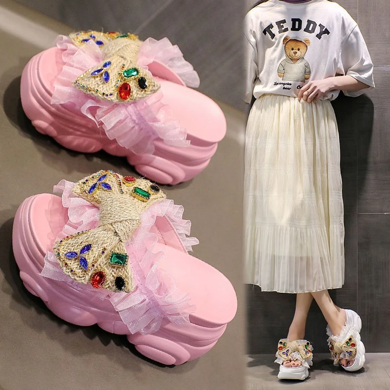 粉色蝴蝶结厚底拖鞋女外穿2025夏季新款网红百搭松糕内增高凉拖鞋