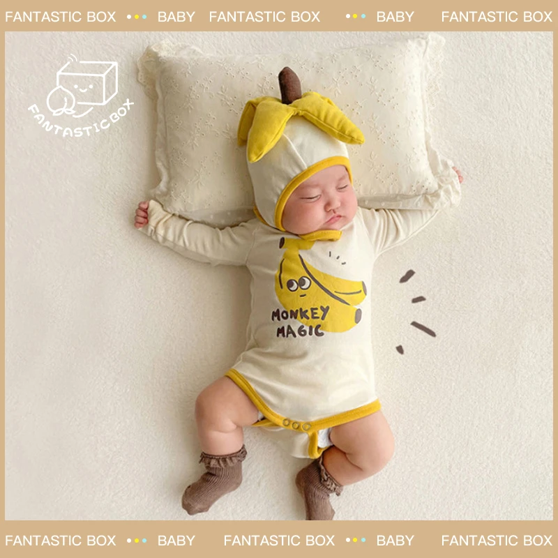 2025春款韩版婴儿连体衣ins款香蕉造型印花哈衣宝宝包屁衣带帽子