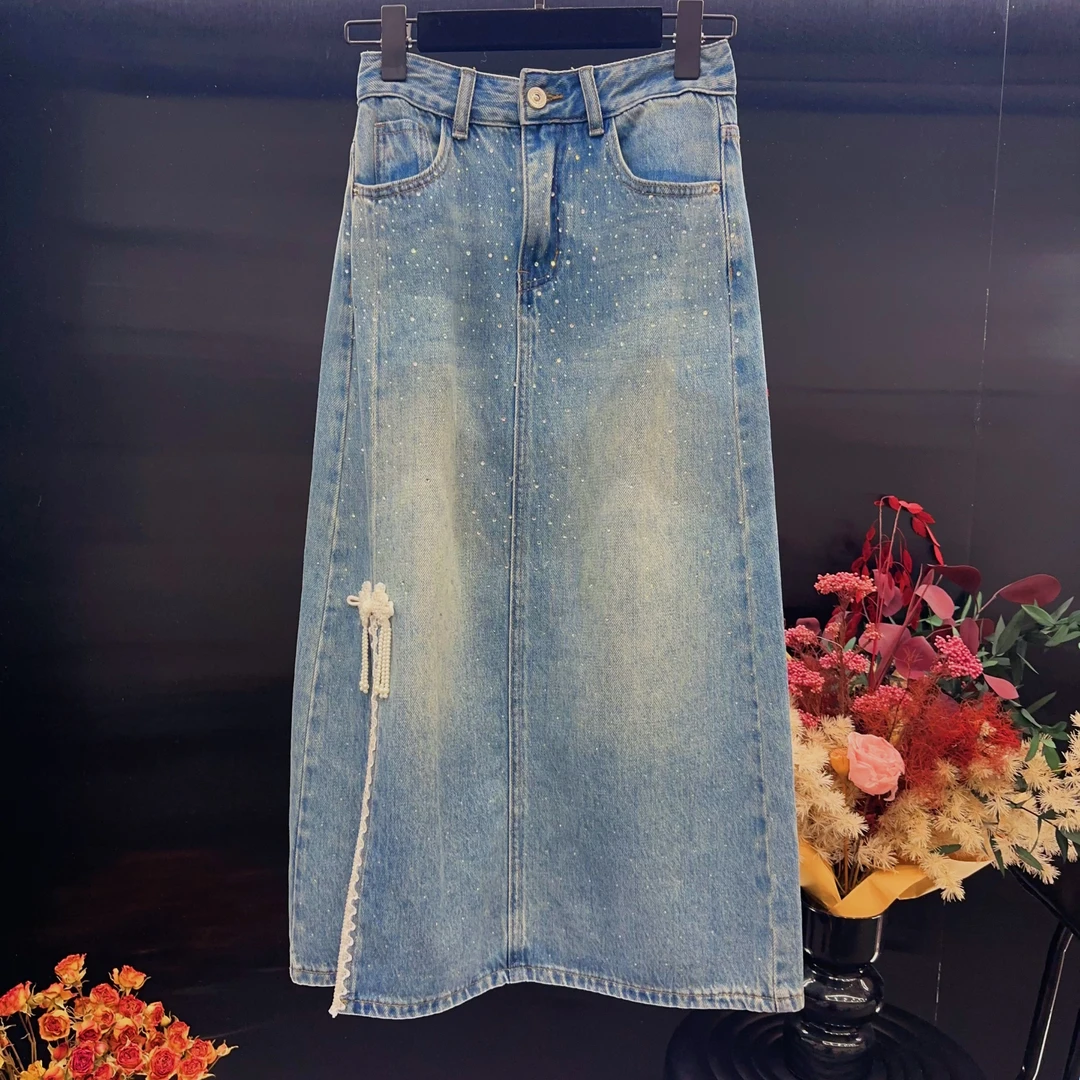 《高端定制》设计师款烫钻磨白牛仔裙